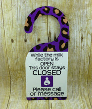 Load image into Gallery viewer, Purple Animal Print Breastfeeding/Pumping Door Hanger, new mom, baby shower gift, new baby sign, Do not disturb, Knock Please