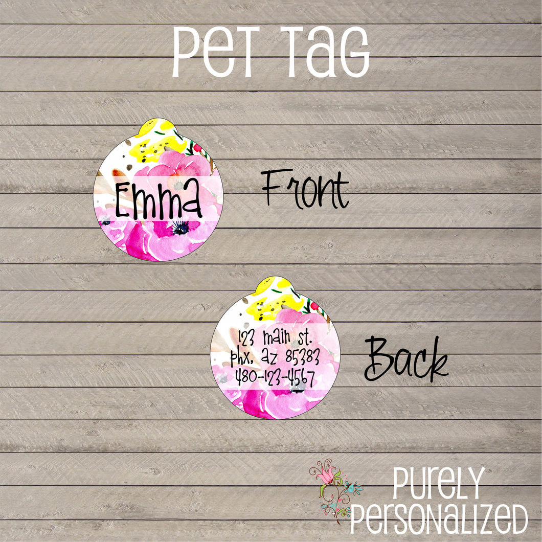 Pink Watercolor Floral Pet Tag