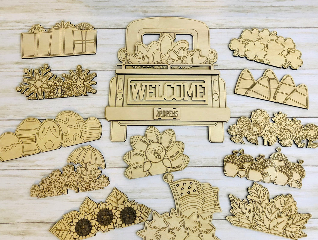 DIY Wood Vintage Truck with seasonal interchangeable inserts
