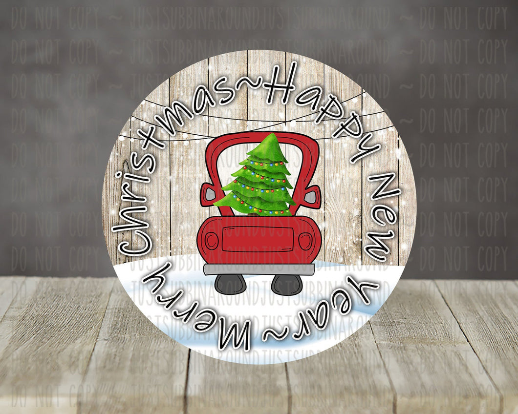 Merry Christmas - Happy New Year Red Truck Door/Wreath Sign