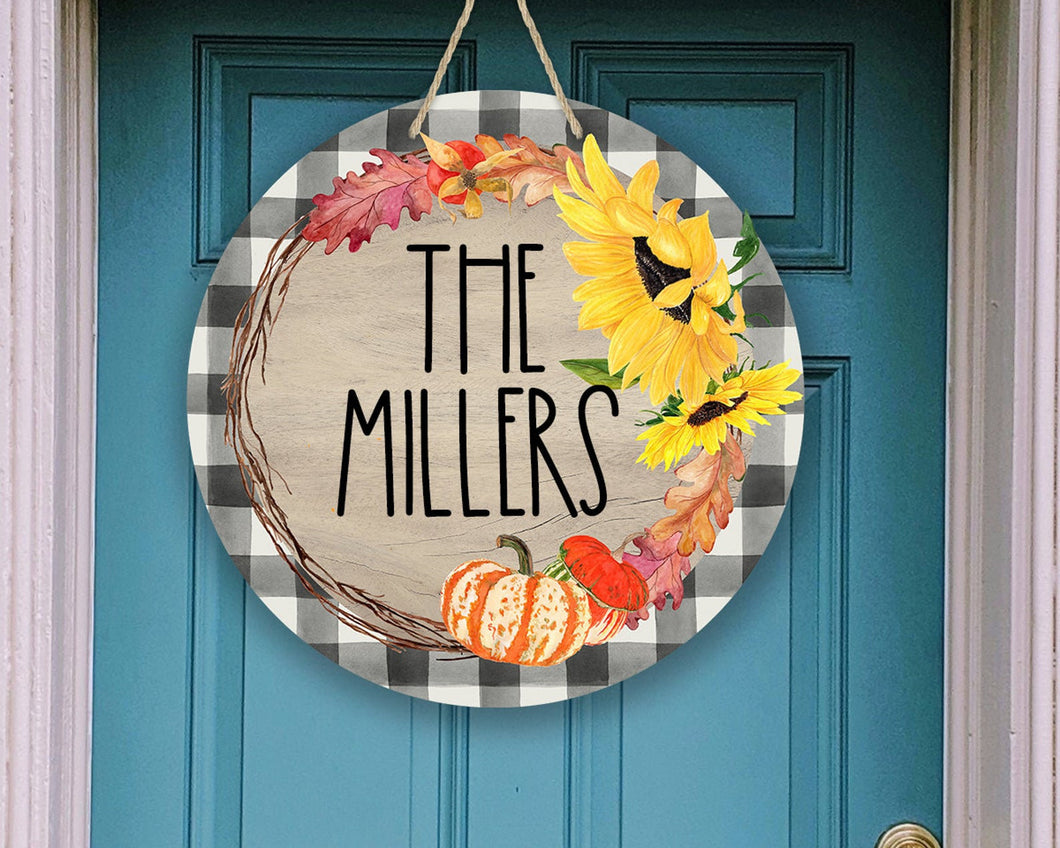 Pumpkin, Sunflower Buffalo Plaid Door/Wreath Sign