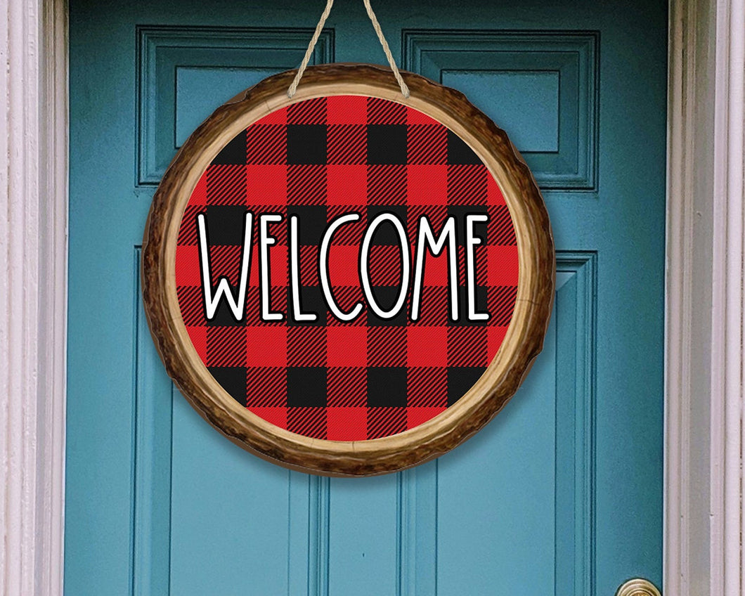 Faux Wood Buffalo Plaid Welcome Door/Wreath Sign