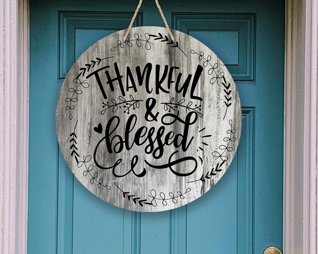 Thankful and Blessed Farmhouse Faux Wood Door/Wreath Sign
