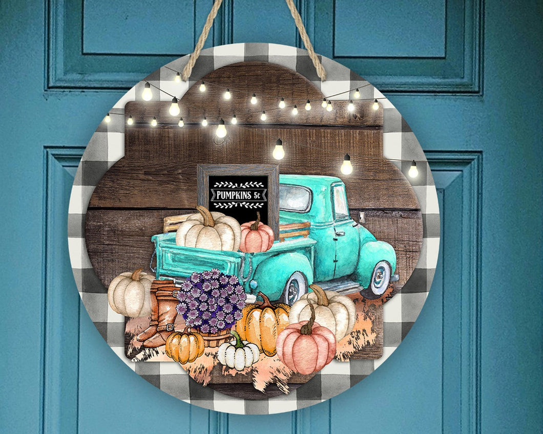 Fall Teal Blue Truck Buffalo Plaid Door/Wreath Sign