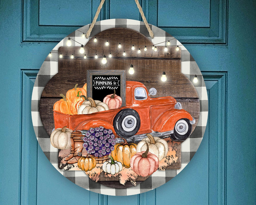 Fall Red Truck Buffalo Plaid Door/Wreath Sign