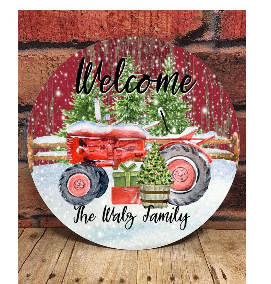 Red Tractor Christmas Door/Wreath Sign